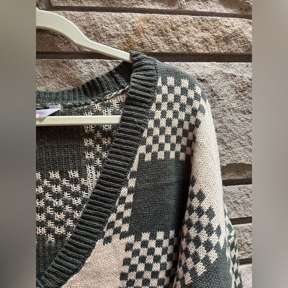 No Boundaries V-Neck Checkered Cardigan Size XXXL Juniors Rib Trim Preppy Green - Picture 6 of 10